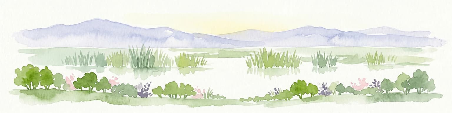 Watercolor illustration of a wetland landscape with distant mountains, grassy vegetation, and calm water.