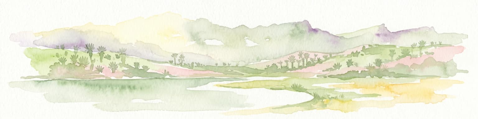 Watercolor painting showing mountains, hills, vegetation, and a body of water