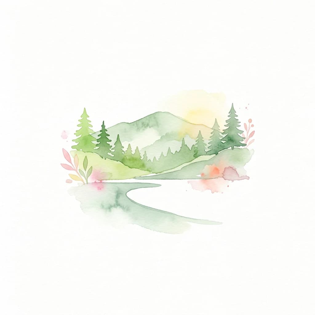 Watercolor painting showing green mountains, evergreen trees, a winding river, and pink flowers