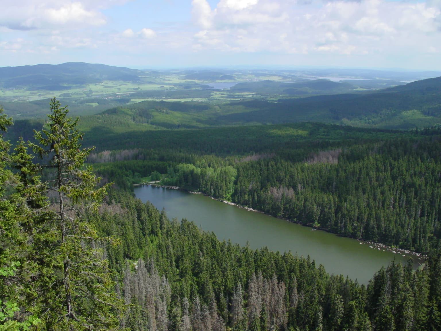 A scenic lake surrounded by dense forest with mountains in the background under a partly cloudy sky