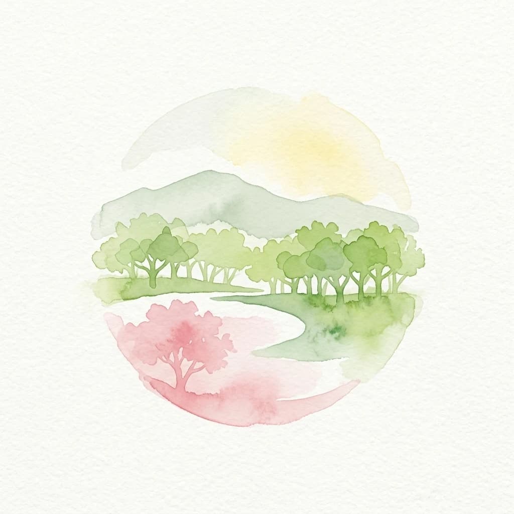 Ilustración acuarela de un río fluyendo a través de un área boscosa con montañas al fondo y un sol amarillo en el cielo