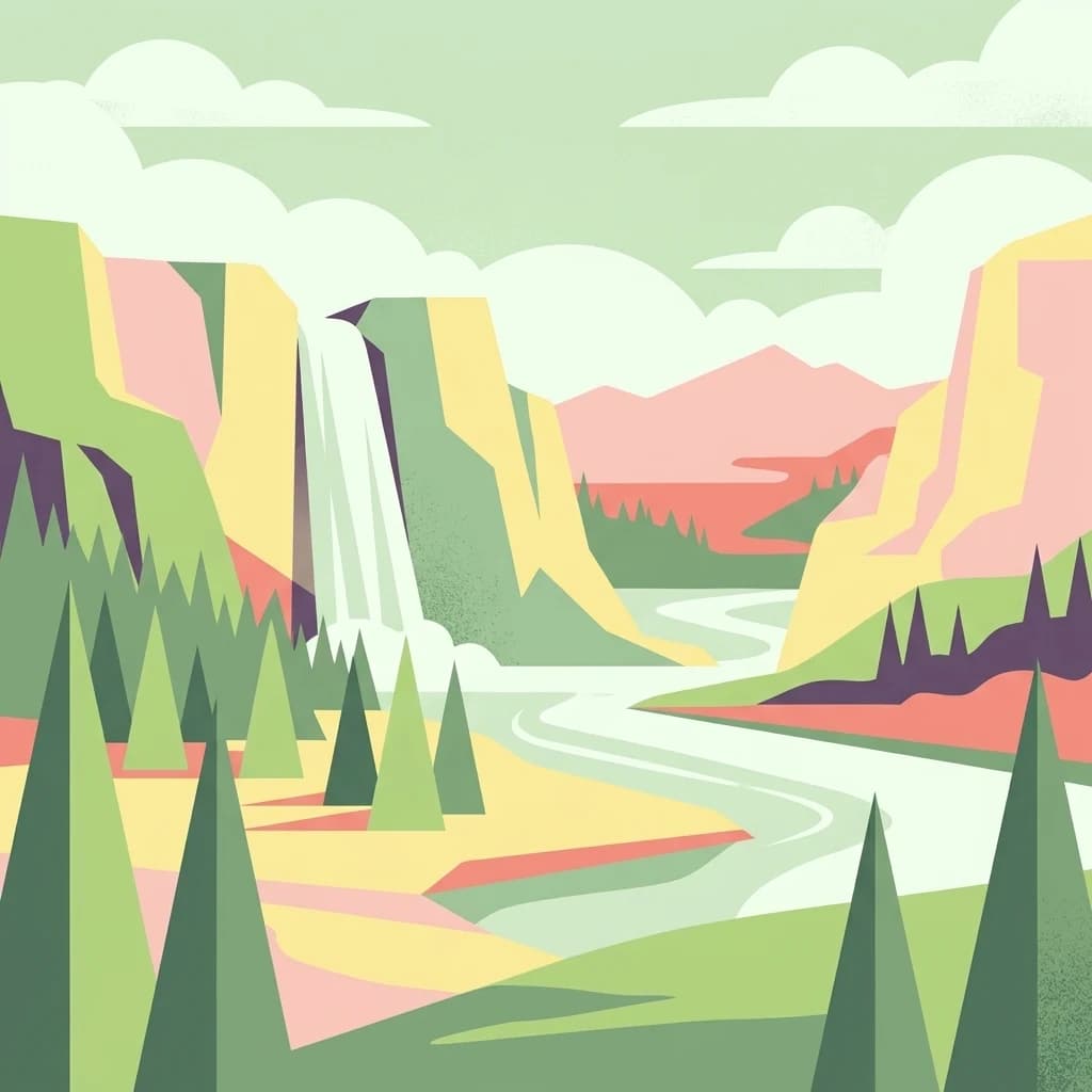 Stylized illustration showing mountains, a waterfall, a river, and pine trees in a landscape