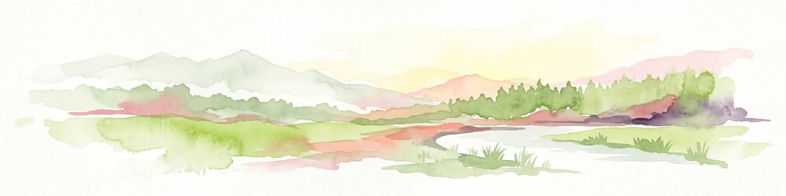 Watercolor painting showing mangrove trees, water channels, and hills in the background