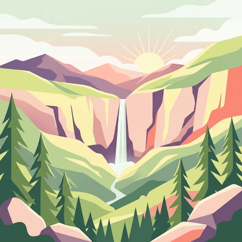 Stylized illustration of a mountainous landscape with a waterfall, forest, and sun.