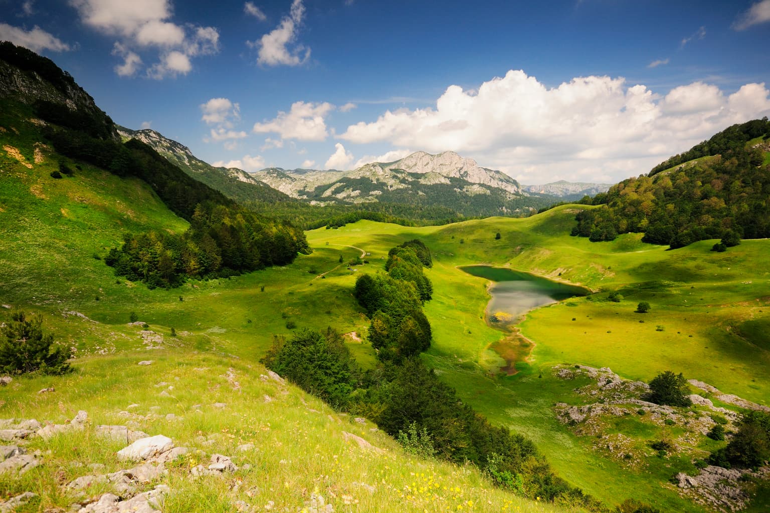 Mountain valley with green meadows, a small lake, and distant peaks under a blue sky with scattered clouds