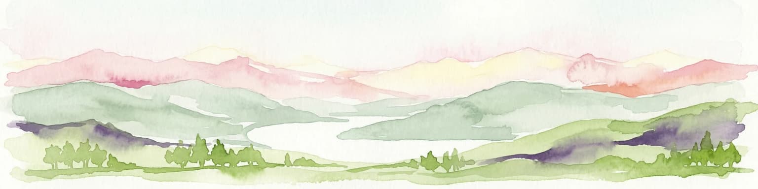 Watercolor illustration of mountain ranges, a lake, and forested hills in soft pastel colors
