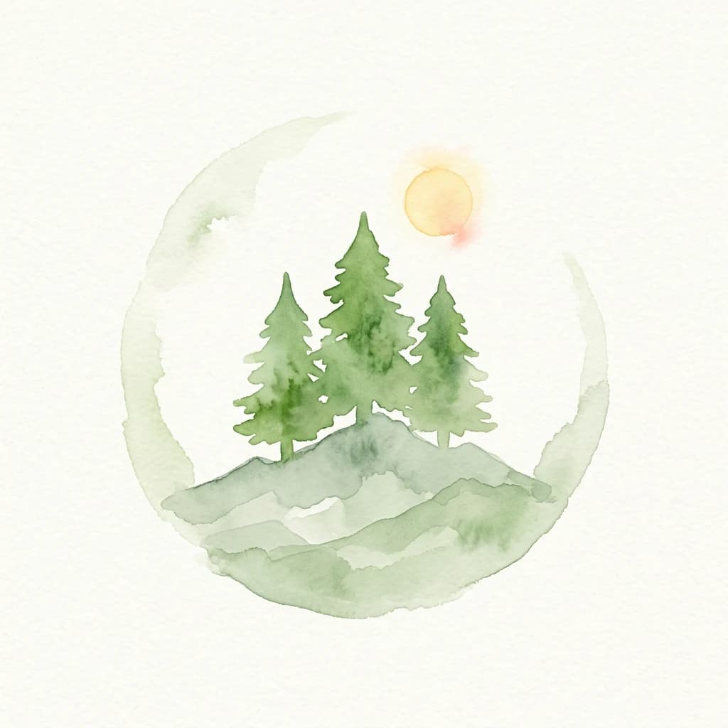 Watercolor painting of three pine trees on a hill under a sun in a circular frame