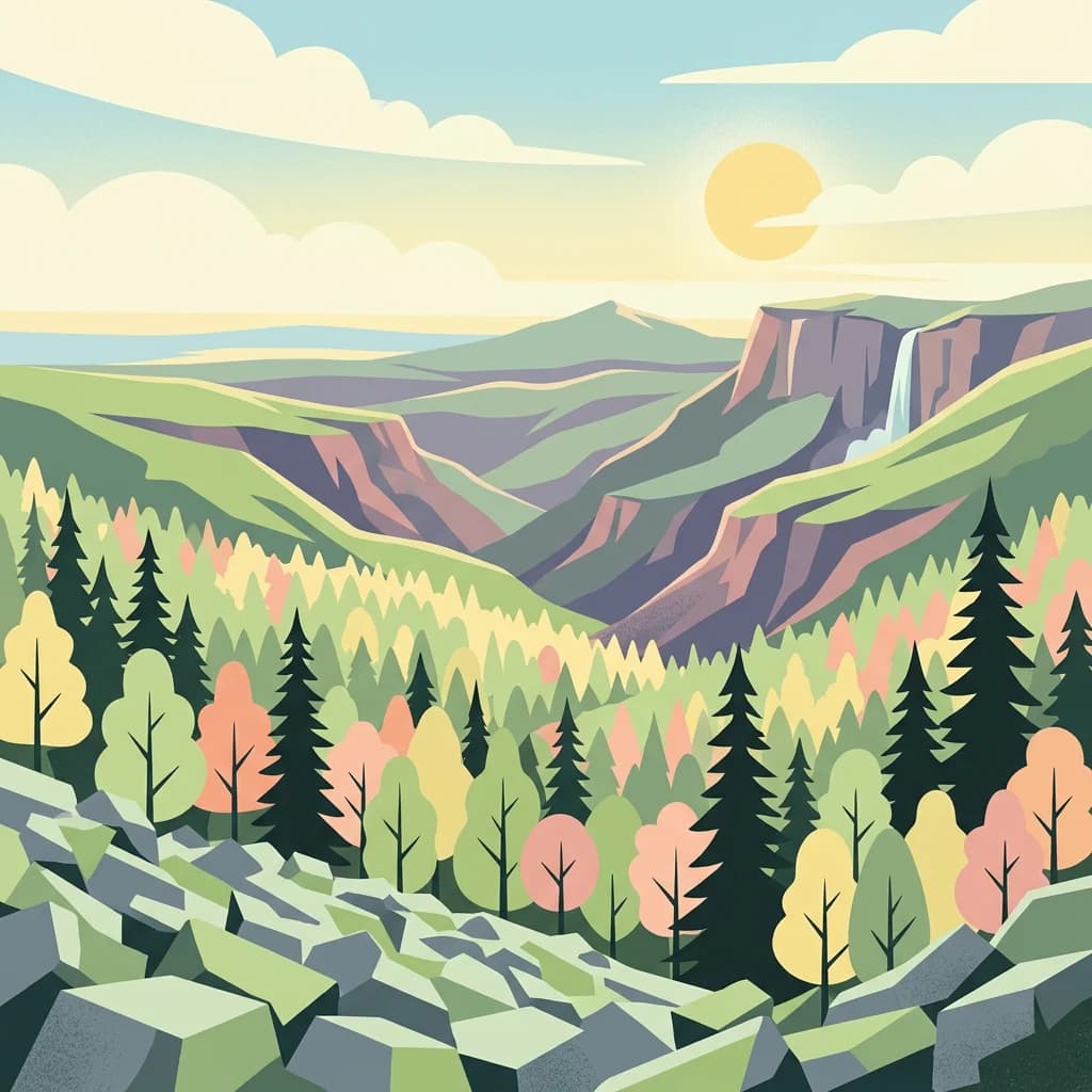 Stylized illustration of a mountainous landscape with valleys, forests, a waterfall, and a sun in the sky