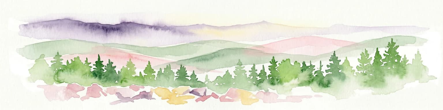 Watercolor illustration of rolling hills with green forests in the foreground and purple, green, pink, and yellow mountain ranges in the background
