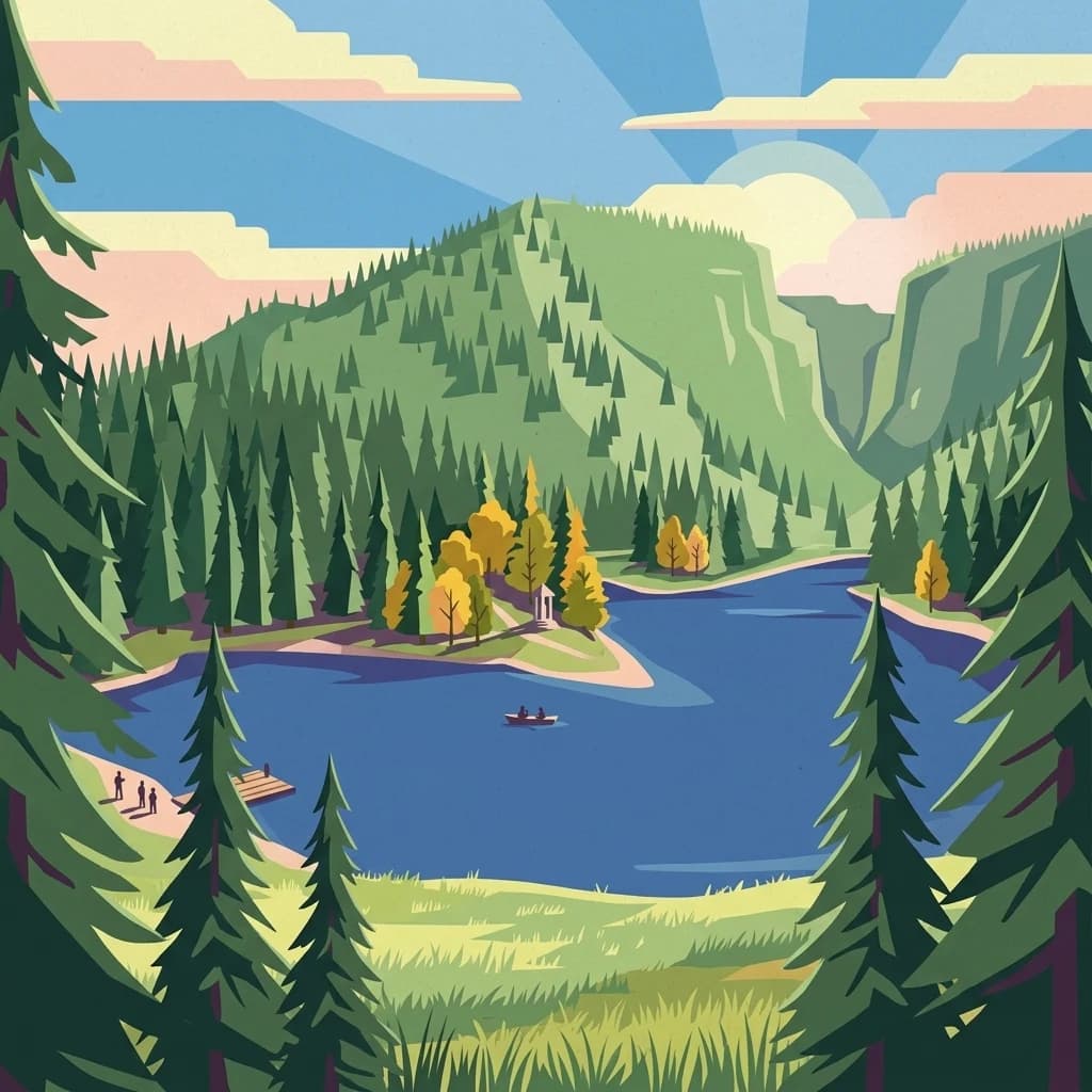 Illustration of a lake surrounded by pine trees with a canoe on the water and people walking along a path