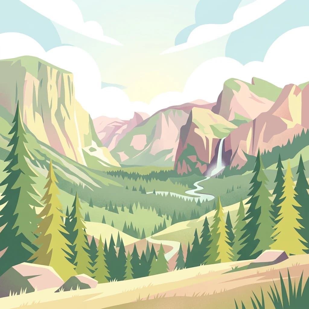 Illustration showing mountain ranges, winding river, and pine forests under partly cloudy sky