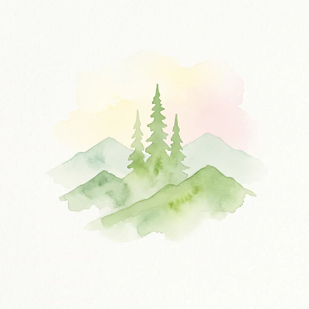 Watercolor painting of green mountains and pine trees with a soft pastel sky background