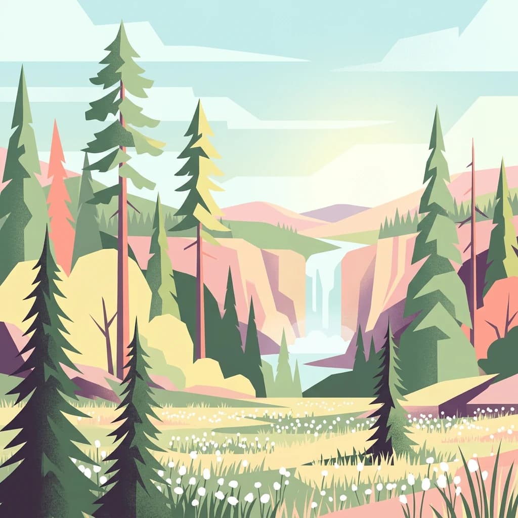 Illustration of a forested valley with a waterfall, tall pine trees, and rolling hills under a partly cloudy sky