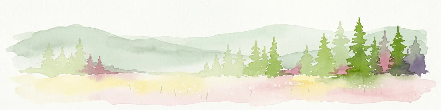 Watercolor landscape featuring green hills, pine trees, and a yellowish field