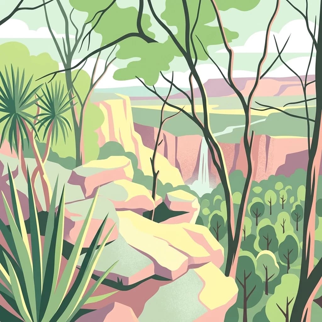 Ilustración estilizada de un cañón boscoso con acantilados rocosos, una cascada y varios árboles y plantas