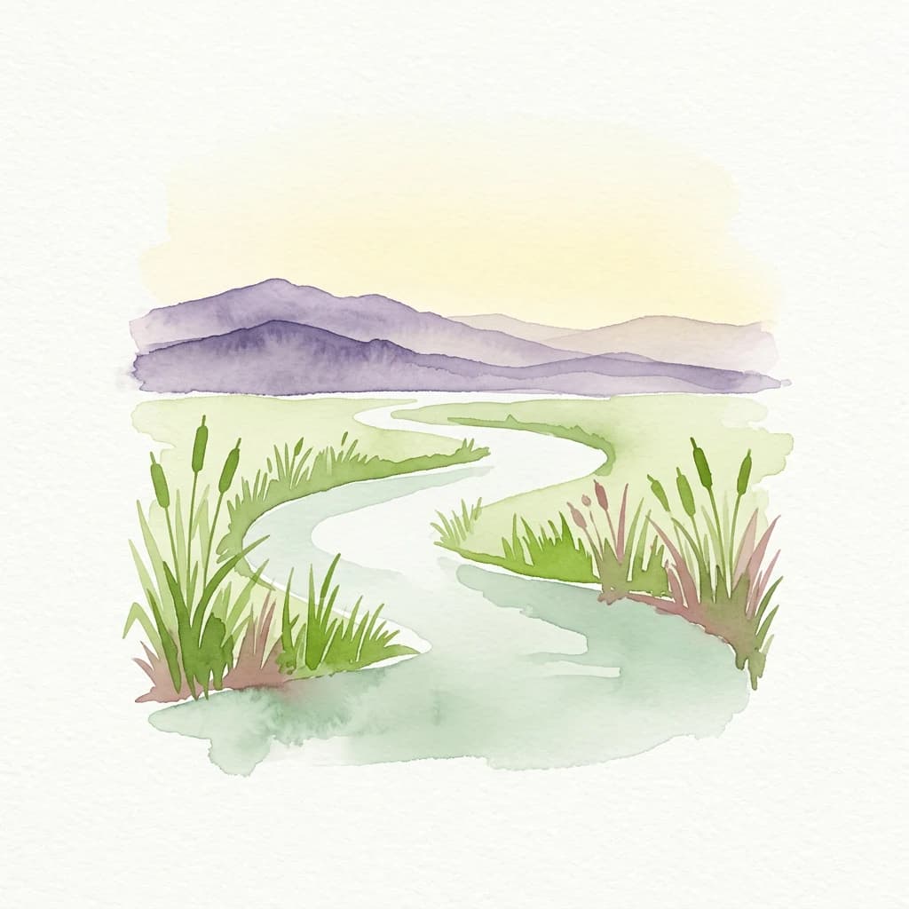 Watercolor illustration showing a wetland landscape with a meandering stream, tall grasses, and distant mountains under a light sky