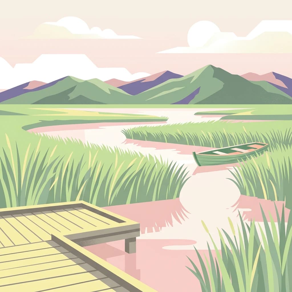 Wooden dock extending into calm water surrounded by tall grasses with a small boat and mountains in the background.