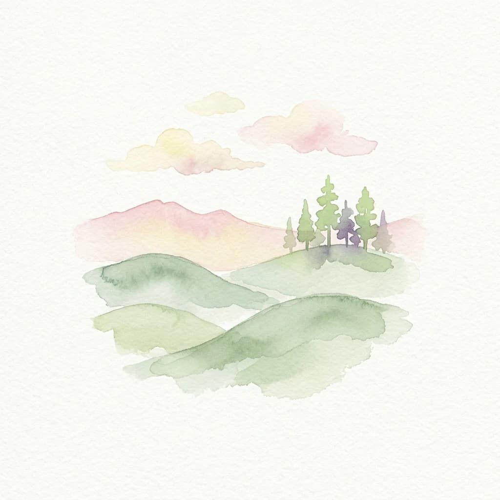 Watercolor illustration of green rolling hills, a cluster of pine trees, and pink-hued mountains under a pastel sky