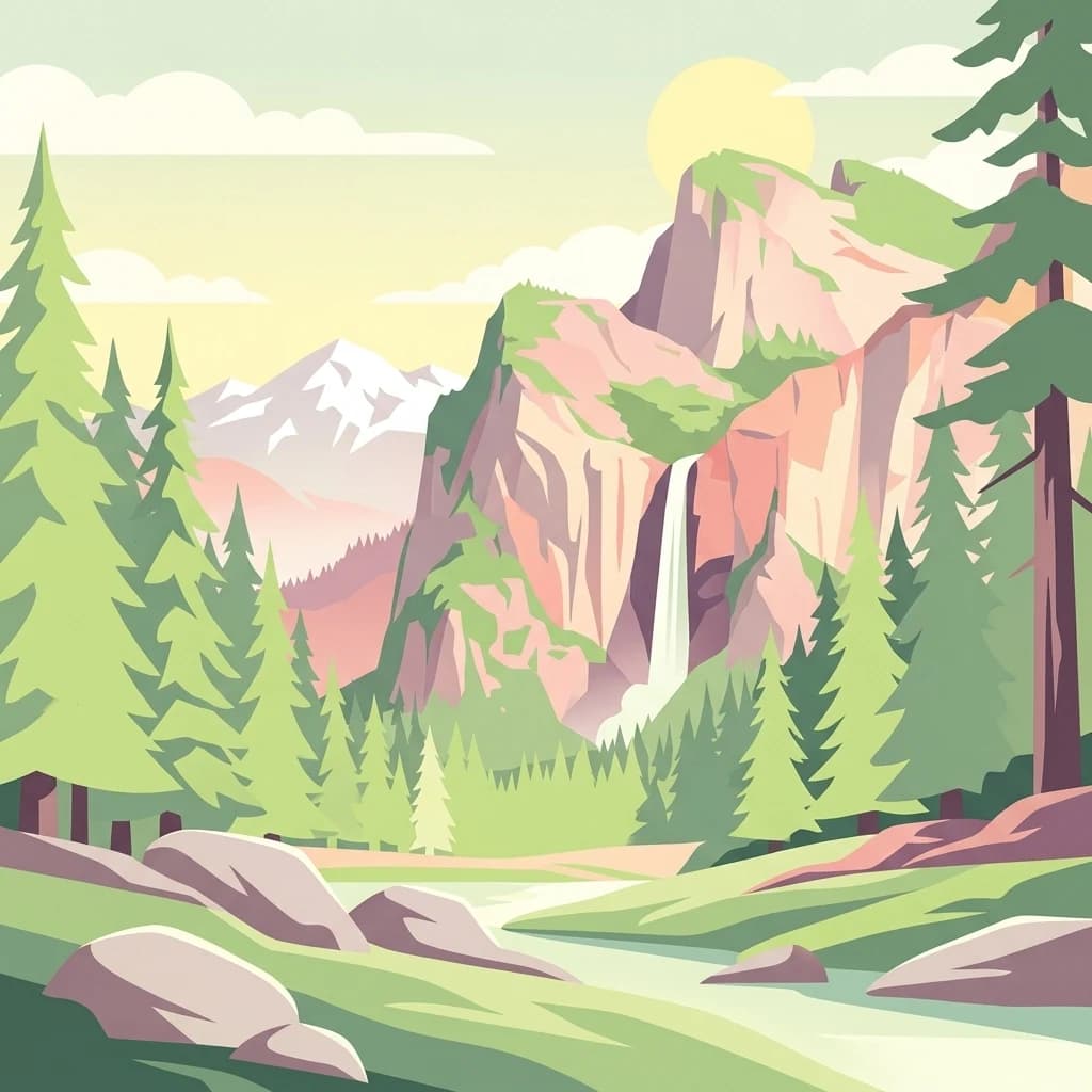 Stylized illustration of a mountain landscape with a waterfall, pine trees, rocky terrain, and a river under a partly cloudy sky