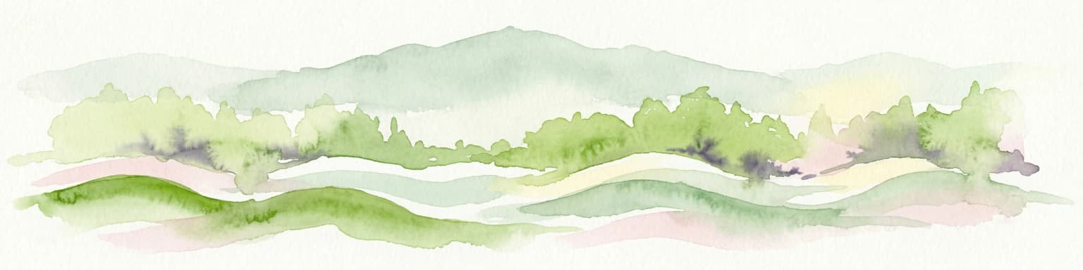 Watercolor illustration of rolling hills, green forests, and distant mountains under a pale sky
