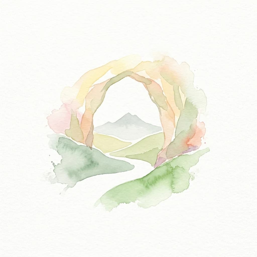 Watercolor illustration of a natural arch surrounded by green hills with a mountain in the background