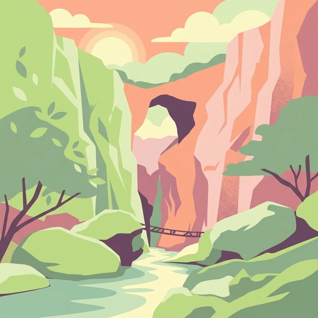 Ilustración de un río que fluye a través de un cañón con árboles verdes, acantilados anaranjados y un puente colgante bajo un sol brillante