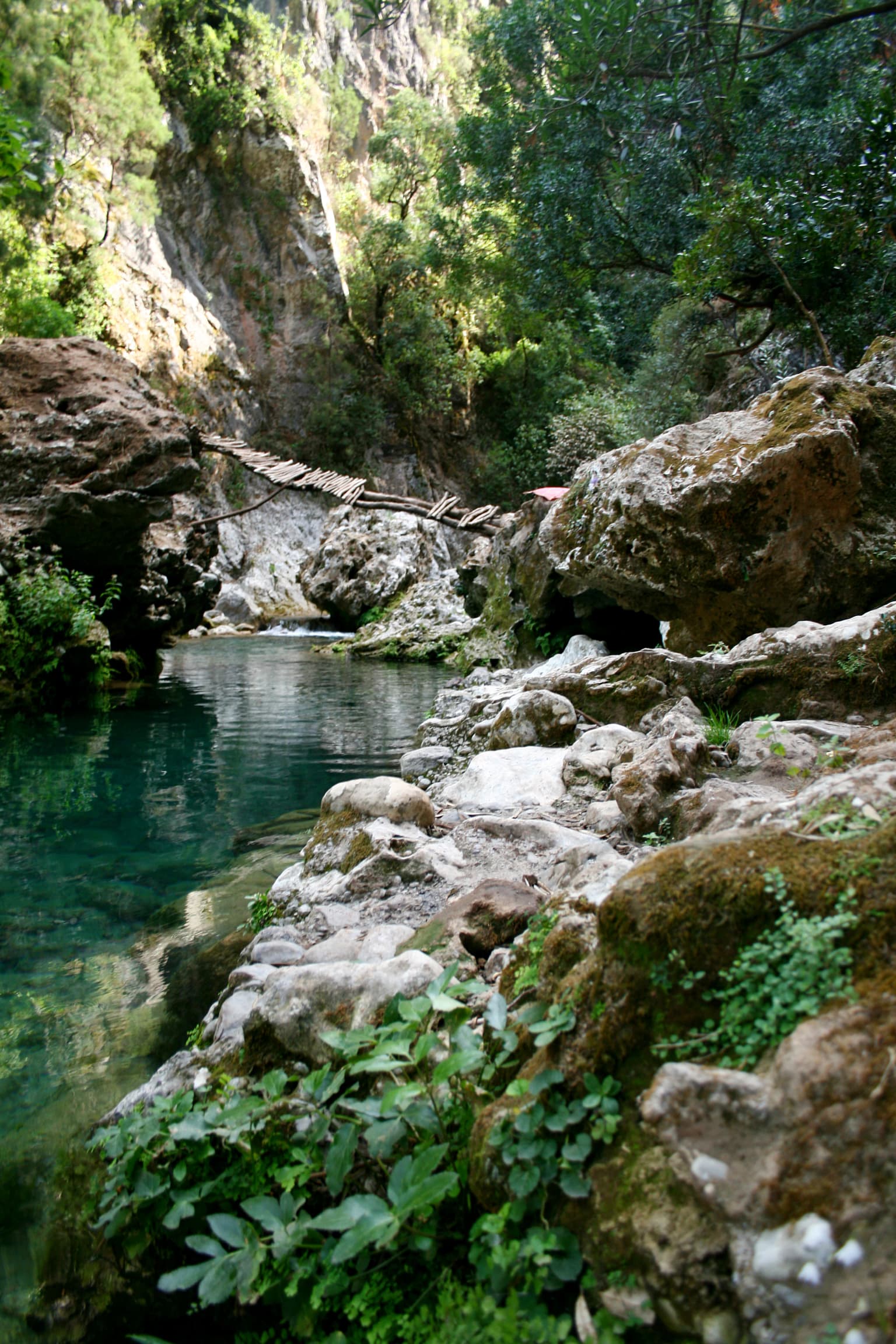 Arroyo de aguas cristalinas rodeado de rocas y vegetación con un puente de madera que cruza el agua en el Parque Nacional Talassemtane.