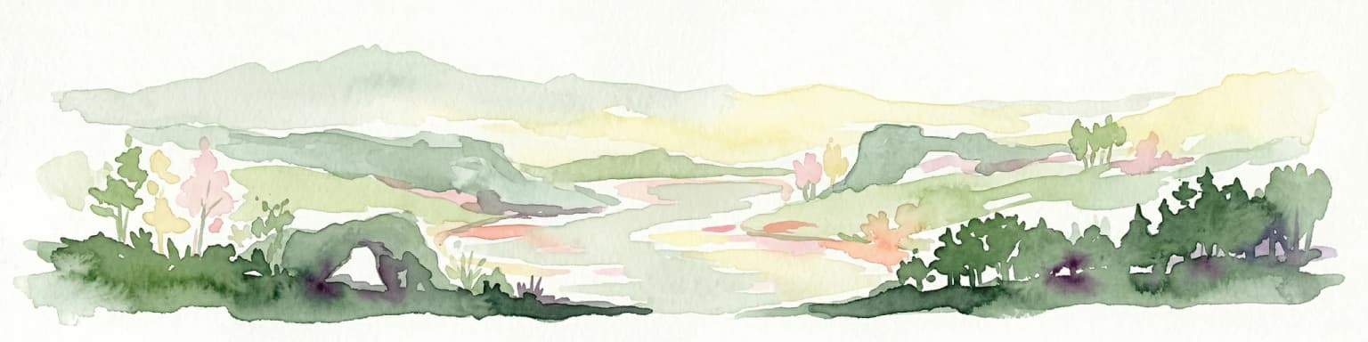 Watercolor painting showing a landscape with green mountains, a river, and trees