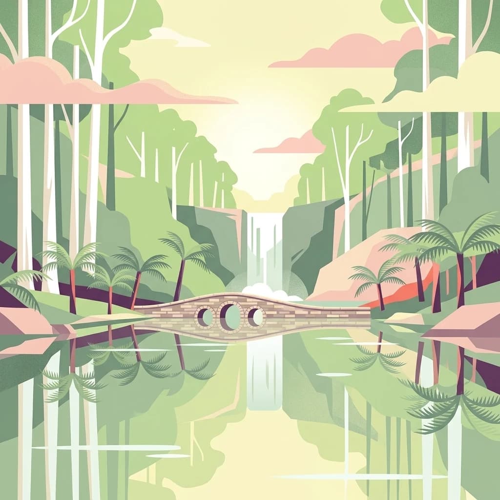 Ilustración estilizada de una cascada, un puente de madera y un paisaje de selva tropical con palmeras y reflejo del agua