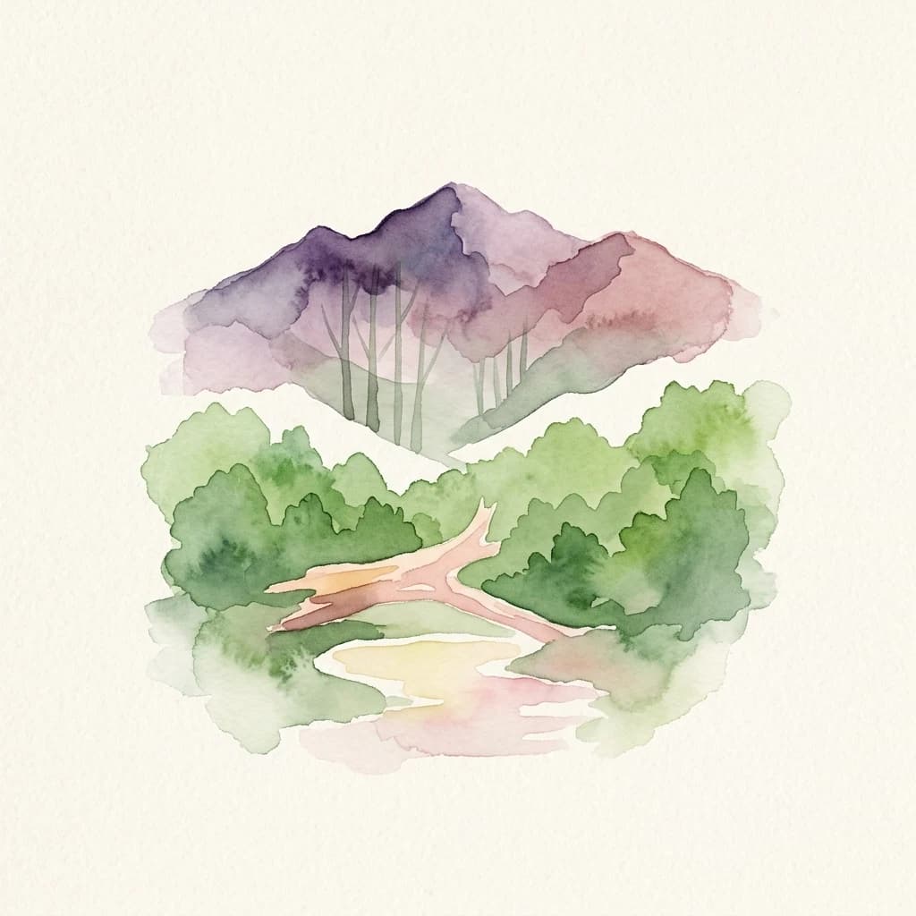 Pintura de acuarela que muestra montañas, bosque y lago con un tronco de árbol caído