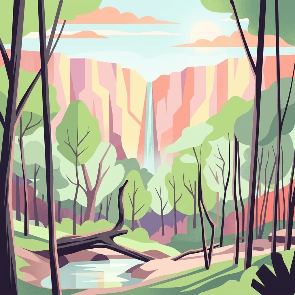 Colorful illustration of a forest scene with tall trees, a small river, and a waterfall in the background.