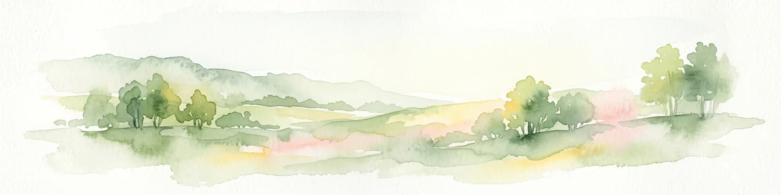 Ilustración en acuarela de un paisaje ondulado con árboles dispersos y colinas distantes