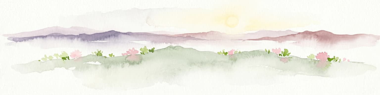 Ilustración de acuarela que muestra una cordillera con colinas verdes y flores rosas