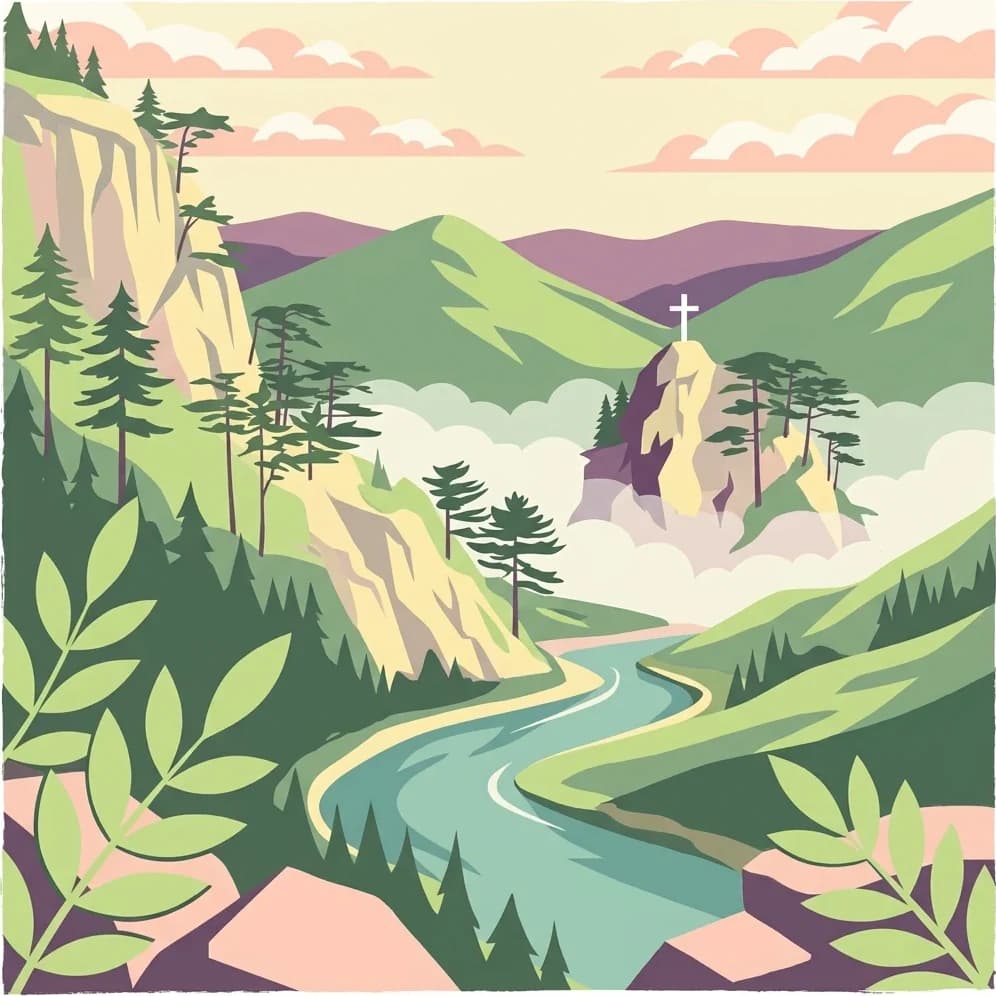 Illustration showing a mountainous landscape with a river winding through valley, forested hills, and a cross on a hilltop