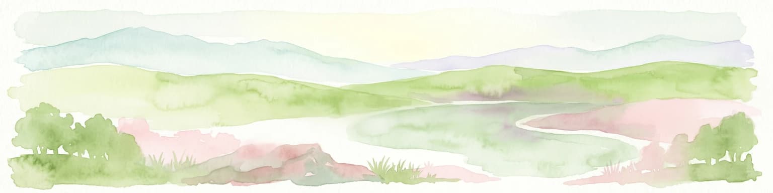 Watercolor painting depicting a river flowing through a valley with mountains in the background and trees on both sides