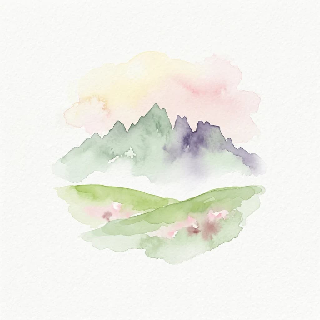 Pintura acuarela de picos montañosos con prados verdes y flores rosas bajo un cielo pastel