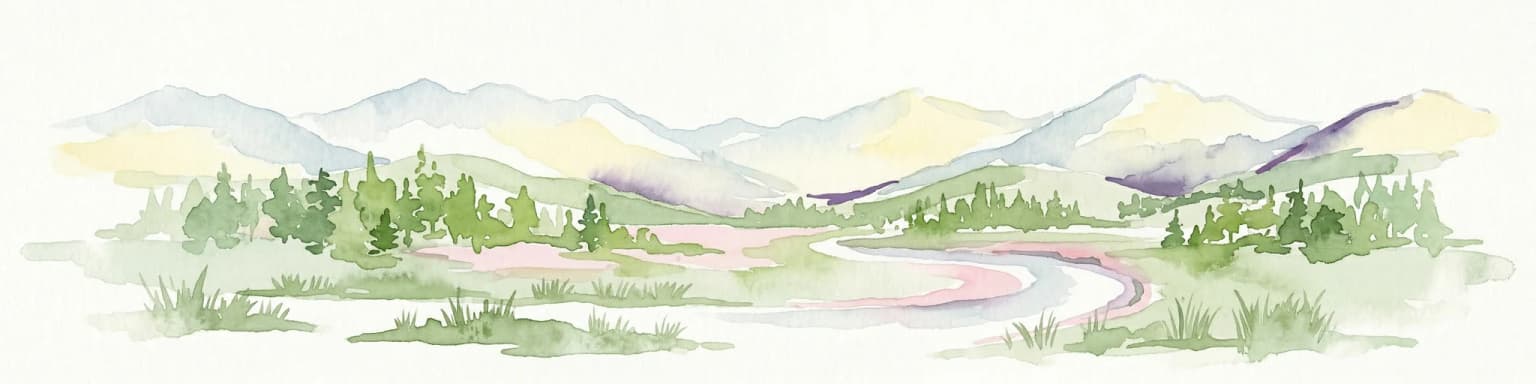 Watercolor painting of mountain ranges, forests, and a winding river