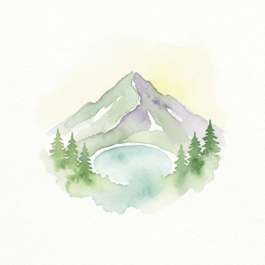 Watercolor illustration showing a mountain with green and purple hues, a lake in front, and pine trees around the lake