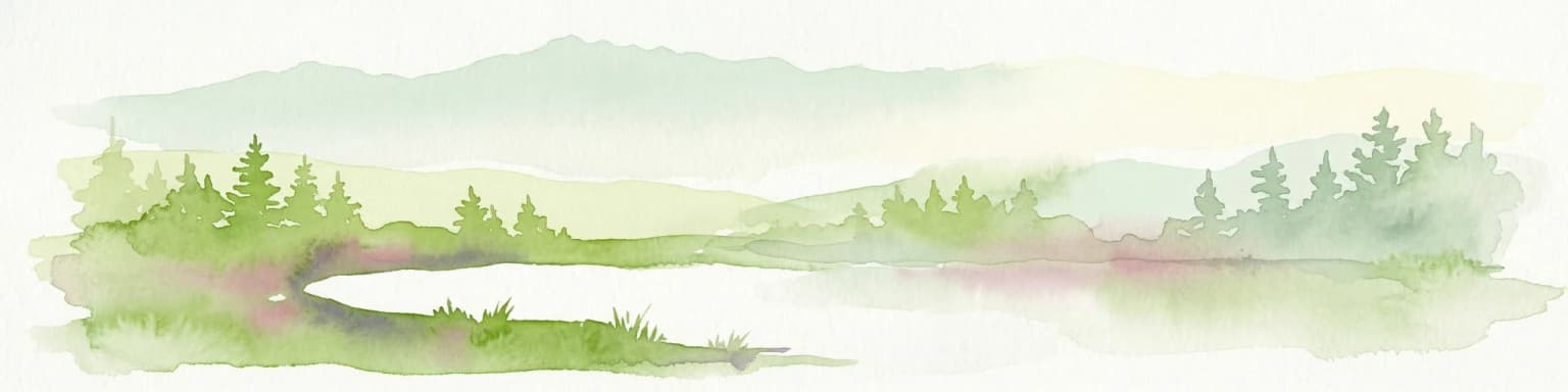Pintura de acuarela que muestra un lago rodeado de árboles y montañas al fondo