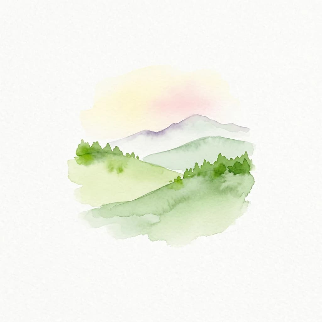 Watercolor painting of green hills, trees, and mountains under a soft sky with pink and yellow tones