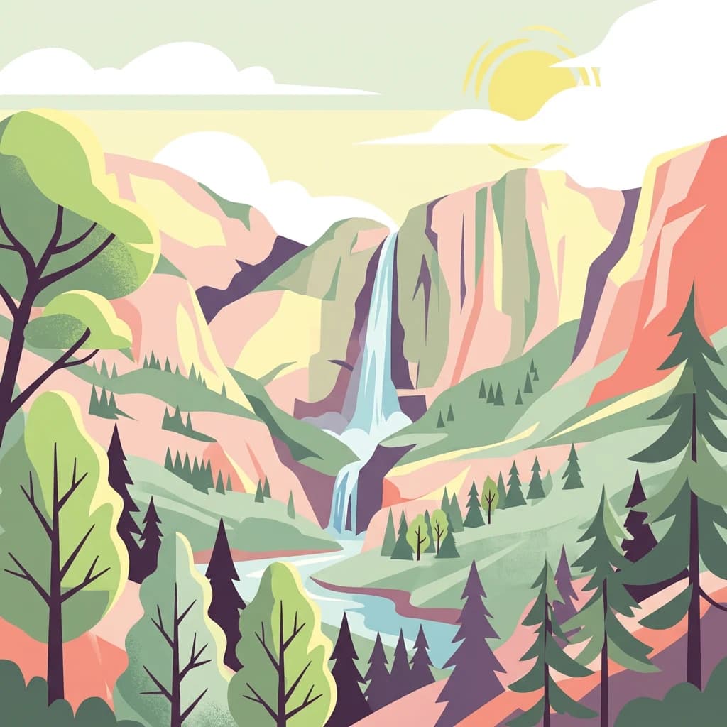 Illustration of a mountainous landscape featuring a waterfall, forest, and river under a sunny sky