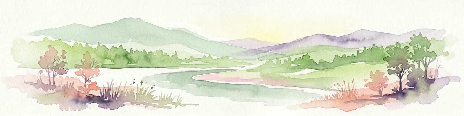 Watercolor illustration of a landscape with mountains, a river, trees, and grassy fields