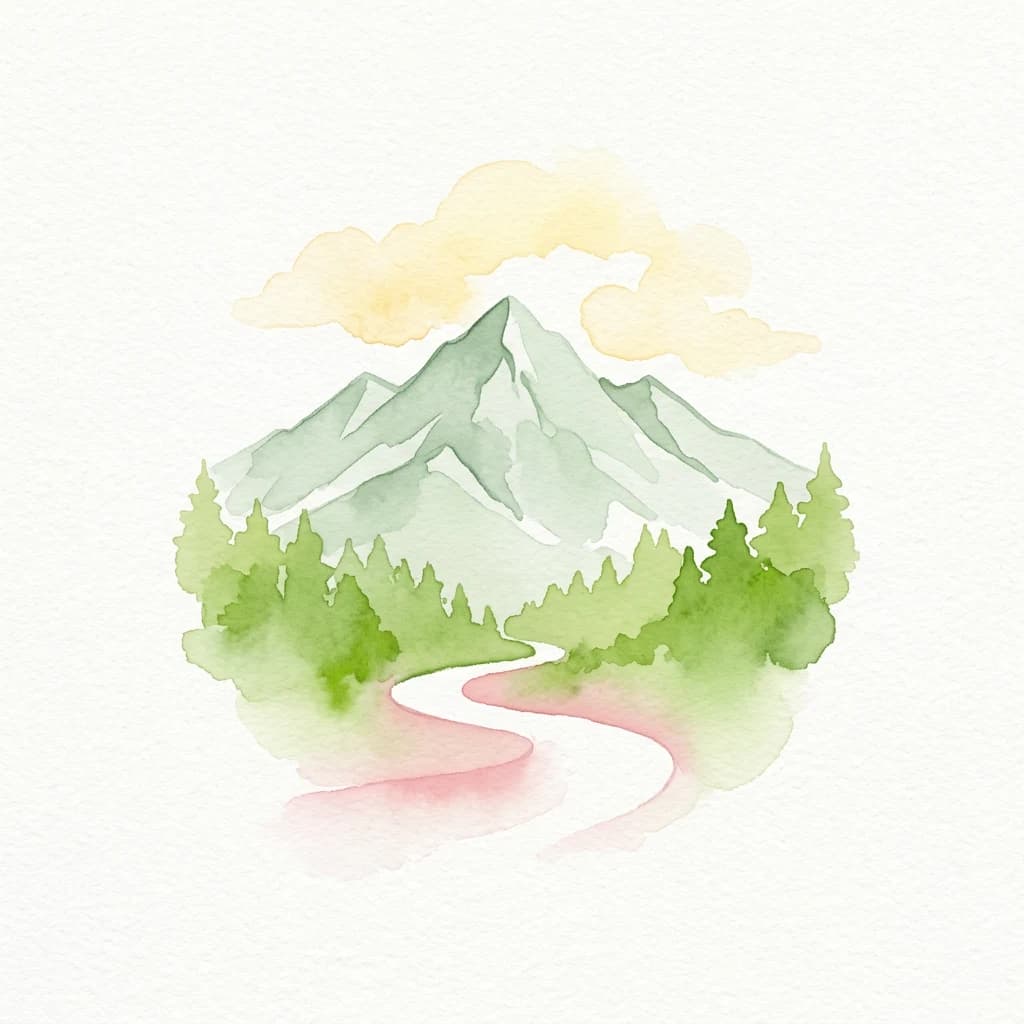 Ilustración en acuarela de una montaña con picos nevados, bosque verde, un sendero sinuoso y nubes amarillas