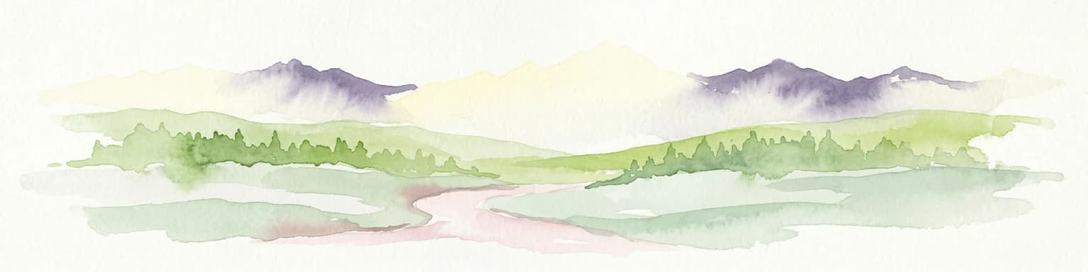 Watercolor painting depicting mountains, a winding river, and green forests in a mountainous landscape