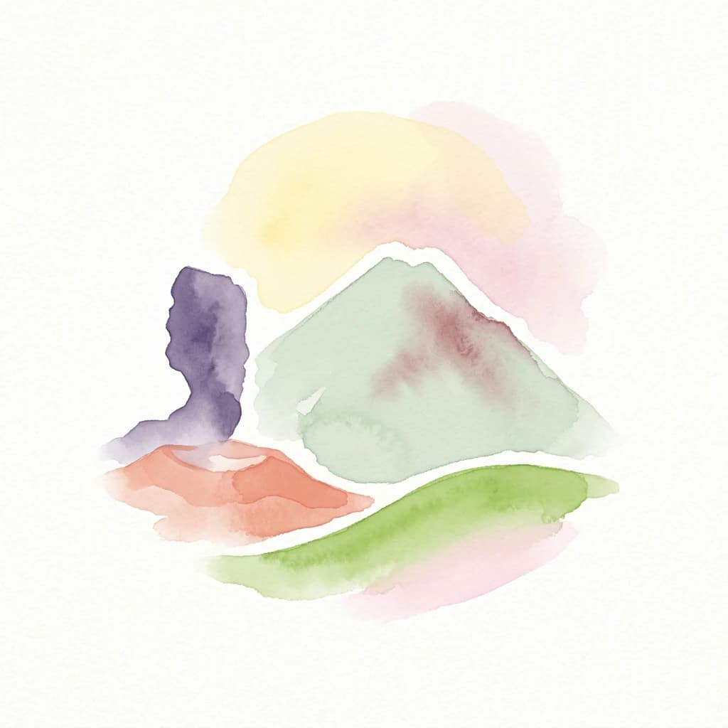 Ilustración de acuarela que muestra el Teide como una montaña verde con un área rosada, una formación rocosa púrpura, terreno anaranjado, colinas verdes y un cielo amarillo-rosado