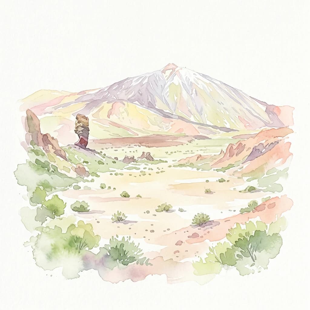 Watercolor illustration showing Mount Teide with volcanic terrain, sparse vegetation, and a hiker on a trail
