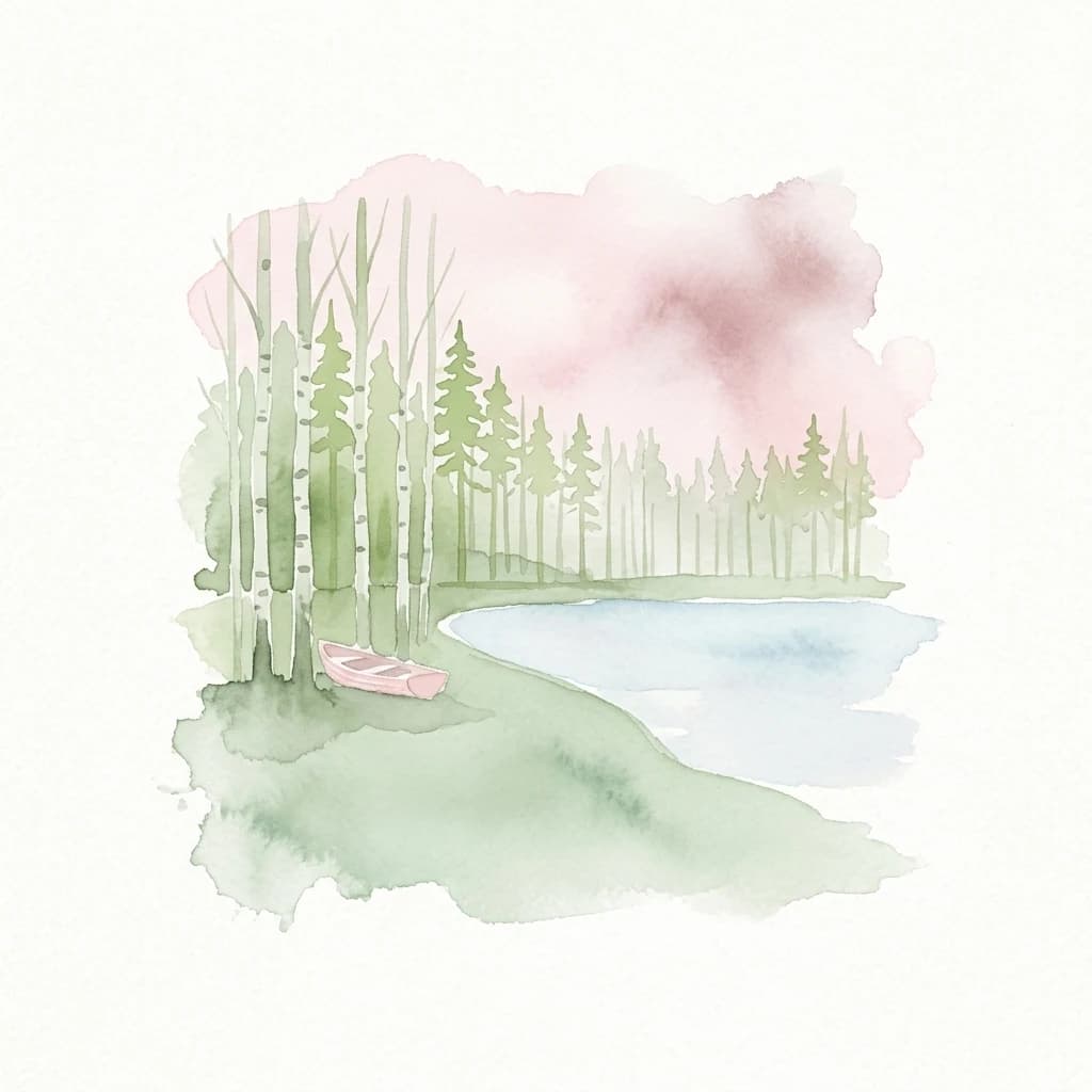 Watercolor painting showing a lake, birch trees, and a pink rowboat on a grassy shore