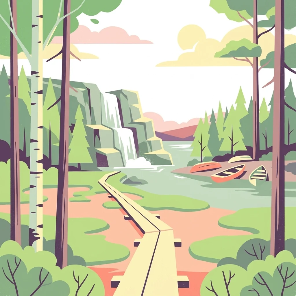 Illustration of a forested area with a waterfall, wooden boardwalk, and boats on a lake surrounded by trees.