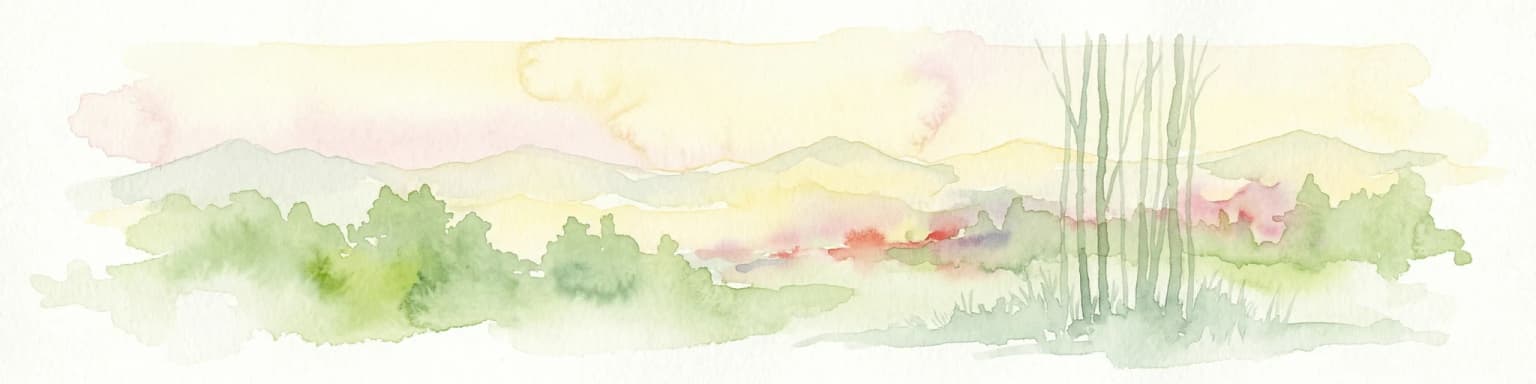 Watercolor landscape with rolling hills, trees, and pastel sky