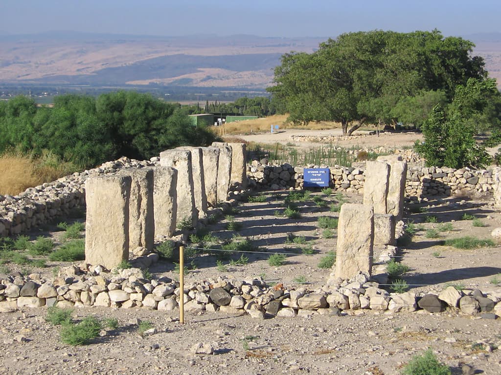 Archaeological ruins of the House of Pillars with standing stone columns at Tel Hazor National Park.